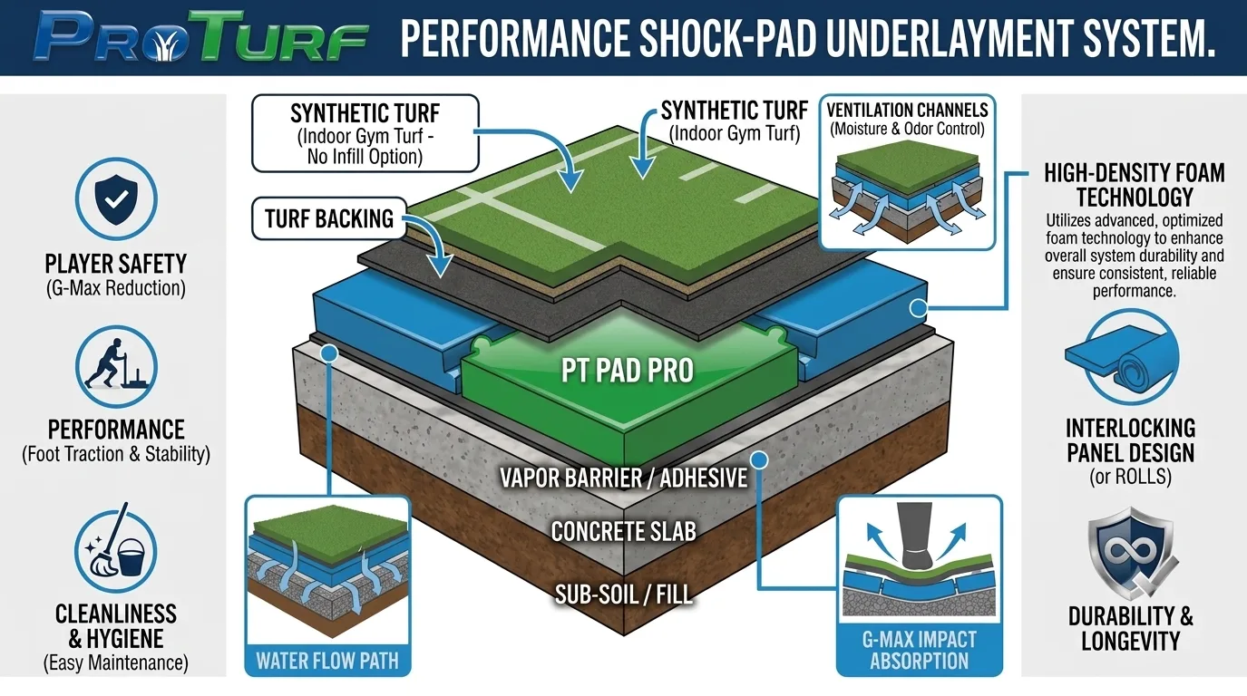 Cutaway of a ProTurf shock-pad system, top to bottom: synthetic turf, turf backing, PT Pad Pro shock pad, vapor barrier / adhesive, concrete slab, and sub-soil, with callouts for player safety (G-Max reduction), performance, cleanliness, high-density foam, interlocking panel design, ventilation, and durability.